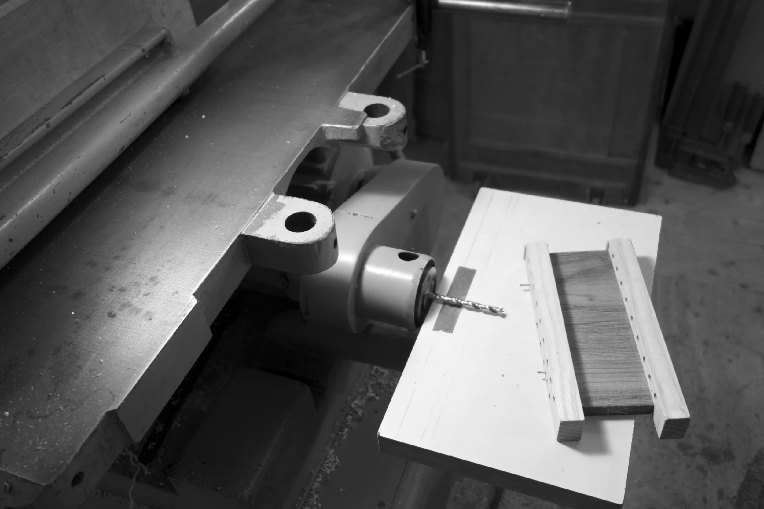 drilling on Jim's fine Stenbergs table saw and mortiser