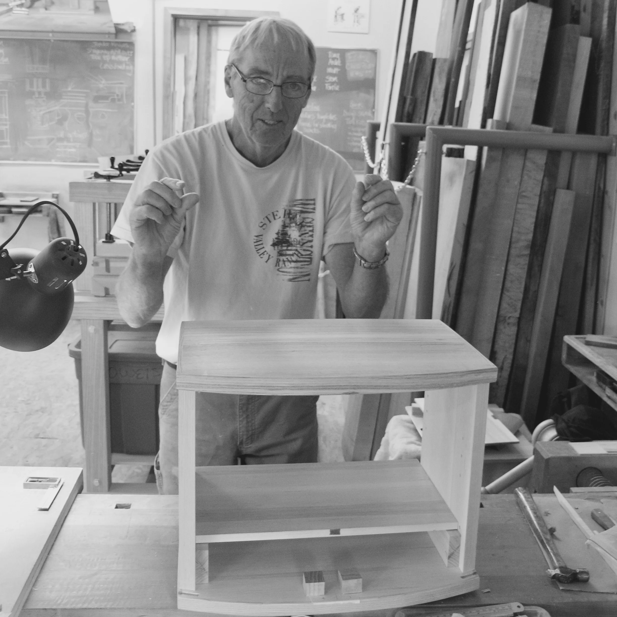  Stan and fitting the horizontal partition of his cabinet 